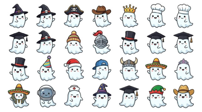 Ghost Wearing Hats Set &ndash; 25 unique ghosts wearing witch hats, pirate hats, cowboy hats, crowns, chef hats, graduation caps, beanies, helmets, and party hats. white background 

