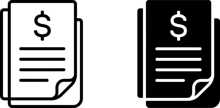 Financial invoice icons in outline and solid styles, professional billing document vector symbols, business tax and payment receipt graphics