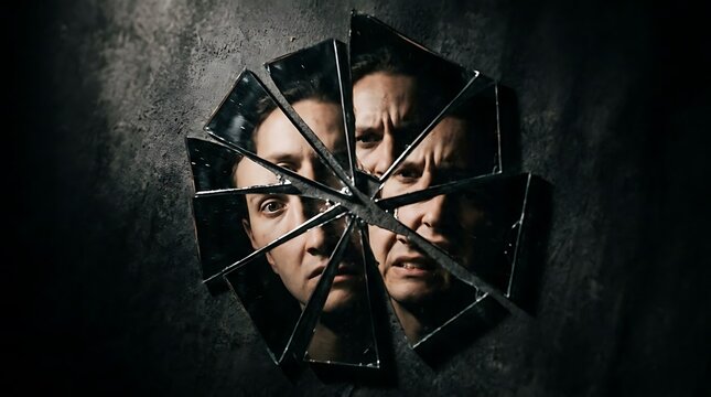Man's Face Fragmented and Reflected in Shattered Mirror with Intense Expressions