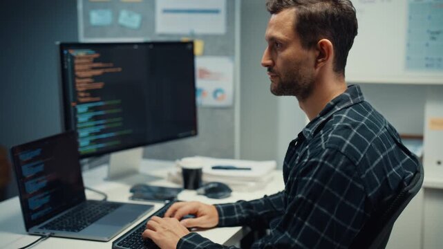 Young Caucasian male programmer writes code using multiple screens in home office workspace. AI development, cybersecurity, network database system, software engineering, remote tech startup concept.