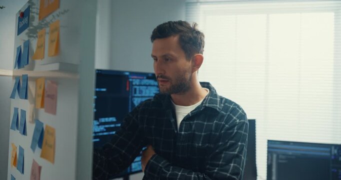 Young Caucasian male programmer write creative plan on whiteboard and coding on computer in home office workspace. AI technology, cybersecurity network, agile strategy, business innovation concept.