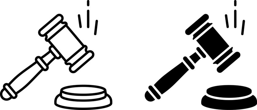 Judge gavel and auction hammer icons, minimalist law and justice vector set, black and white legal symbols for courtroom and bidding concepts