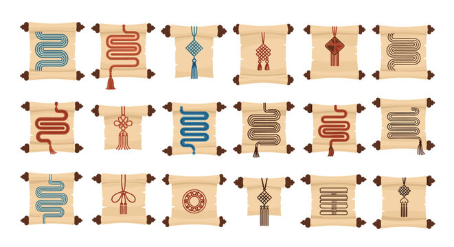 Set of fifteen traditional paper scrolls featuring elegant chinese knots and classical red decorative motifs.