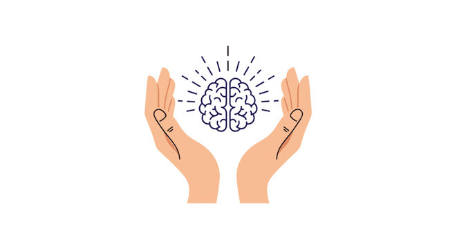 Human brain icon illuminated with positive light energy between two supportive hands on white background.