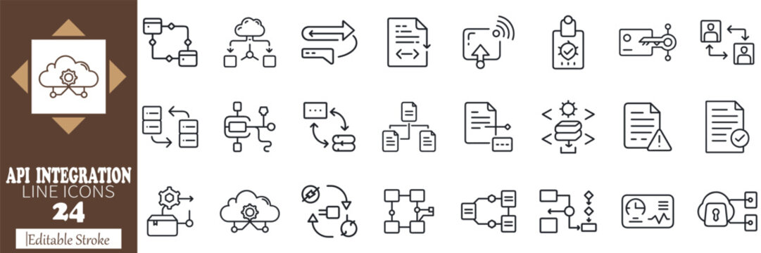 24 API Integration and Data Network Line Icons Vector Set, Editable Stroke
