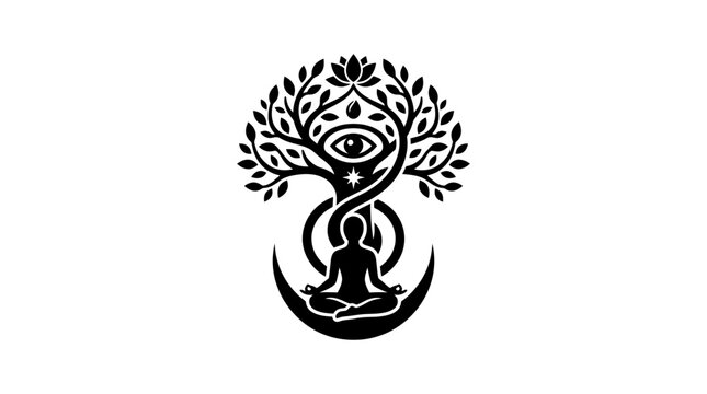 Mystical Tree of Life, Yoga Meditation, Third Eye, Moon Crescent, Esoteric Symbol