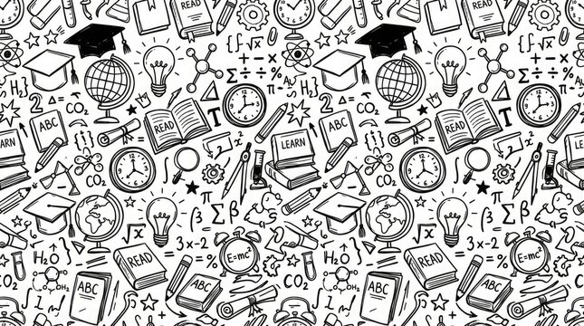 Back to school seamless pattern education icons books globes and learning supplies for stationery classroom decor