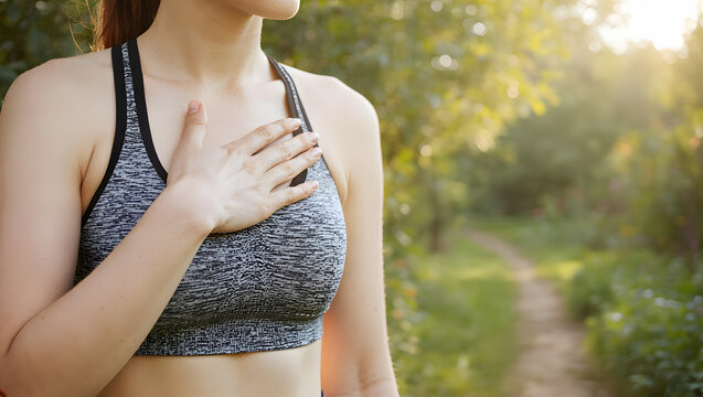 Close-up of a young woman holding her chest in pain during an outdoor workout in a park, concept of female heart attack, chest discomfort, breathing difficulty, or overexertion while jogging.