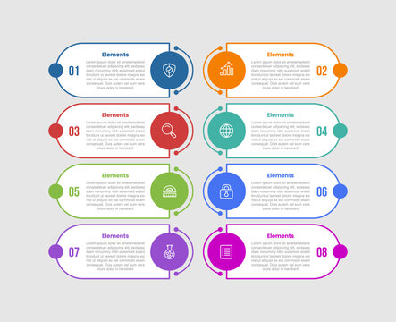 8 elements infographic comparison diagram with round rectangle stack list and opposite position with circle badge with dot line style 8 step for slide presentation