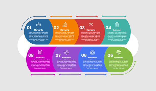 8 elements infographic comparison diagram with round rectangle curve smooth slice part circular with dot line style 8 step for slide presentation