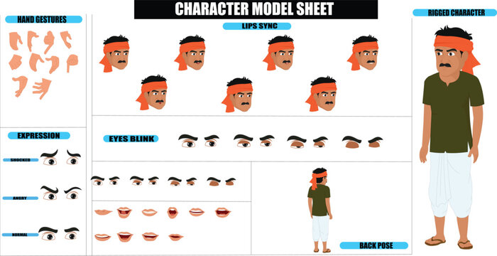 Indian Village Poor Laborer Sprite Sheet | Rigged 2D Character with Lip Sync, Walk Cycle, Eye Blink, Eyebrow Expressions, and Hand Sync | Ready-to-Use for Animation