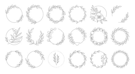 Fototapeta premium Minimalist floral wreath collection, 18 hand drawn botanical line art circles, elegant leaf frames and laurel borders for wedding stationery