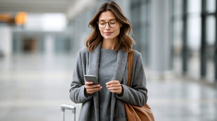 Fototapeta premium Elegant traveler standing in a transportation terminal with luggage while checking booking confirmation on her mobile device, bright modern background with empty space for text, ultra realistic