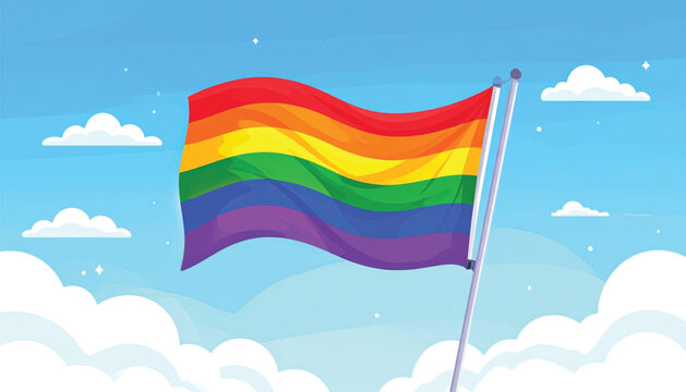 Rainbow flag waving in sky.