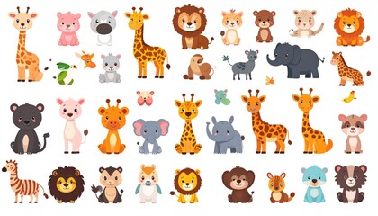 Obraz premium A collection of numerous cartoon animals, including giraffes, lions, bears, and elephants