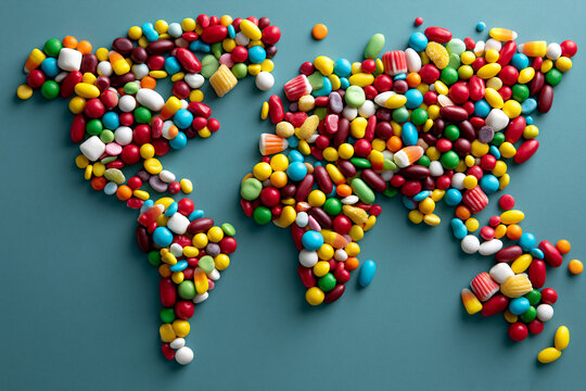 World map made of colorful candy pieces