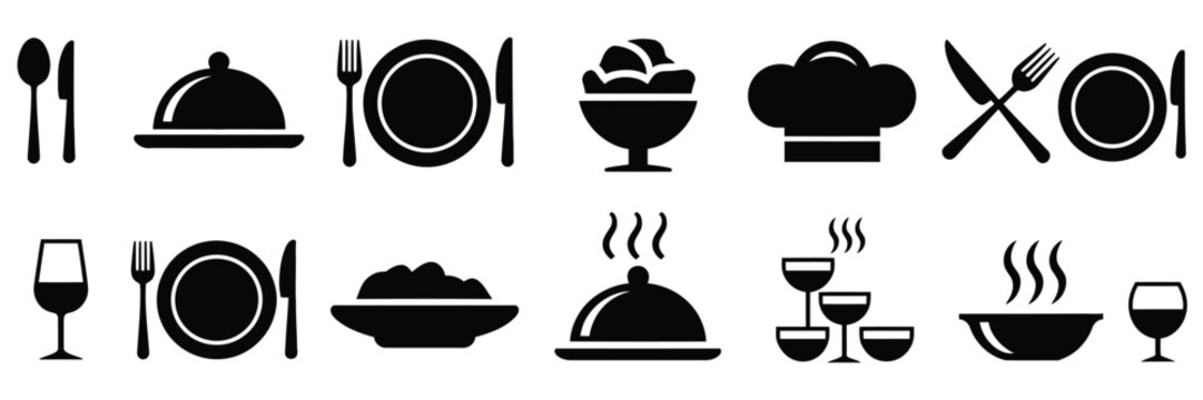Food icon with plate, fork, knife and spoon, menu logotype, cutlery, tableware, catering and restaurant symbols in flat vector style.