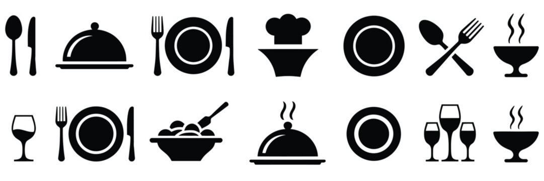 Food icon with plate, fork, knife and spoon, menu logotype, cutlery, tableware, catering and restaurant symbols in flat vector style.