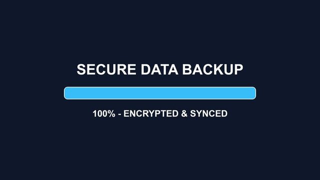 Secure data backup animation, loading bar filling up with encryption and syncing progress, symbolizing data protection and cybersecurity for business and technology