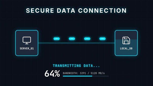 Secure data connection, initializing nodes to transmitting data with progress bar, seamless loop, symbolizing secure online data transfer and communication