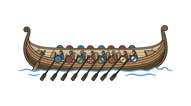 A detailed illustration of a traditional Viking longship with rowers and shields.