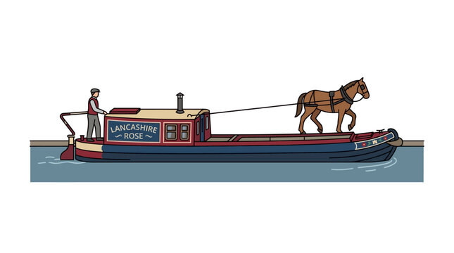 A vintage canal boat being pulled by a horse with a man steering.