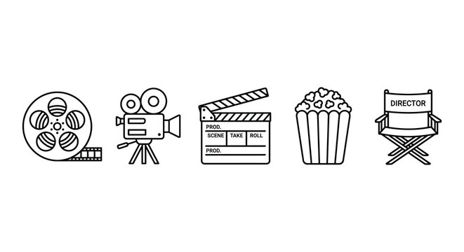 Film Industry Icons Reel Camera Clapperboard Popcorn And Director s Chair