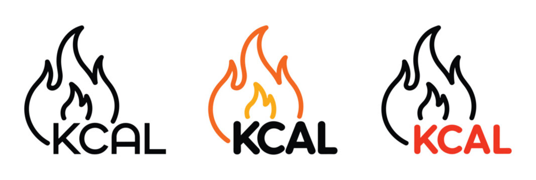 Calorie Burn Icon Set: A collection of three stylized icons representing calorie burn, featuring a flame symbol above the text KCAL, designed in black, orange, and red variations.