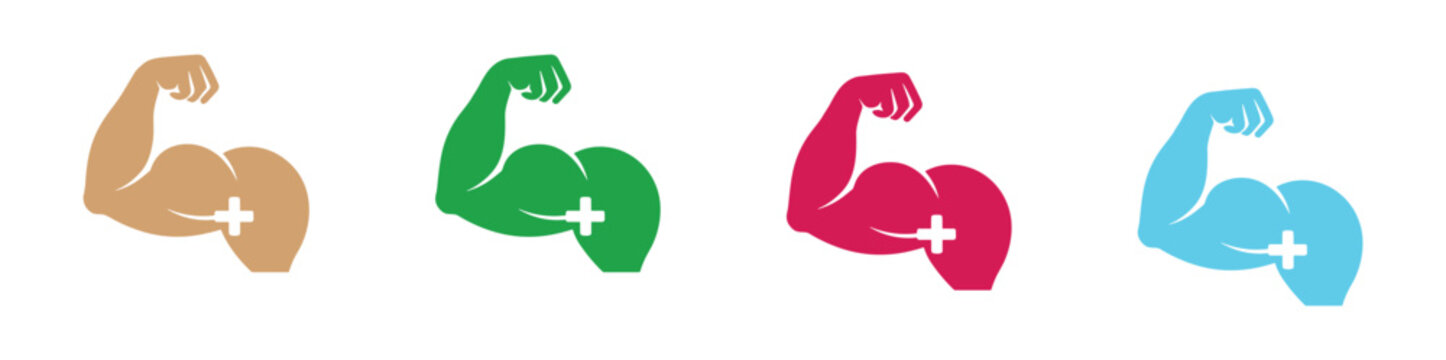 Strong Arms in Various Colors: Four stylized icons of a flexing muscular arm, each in a different vibrant color, symbolize strength, fitness, and power.