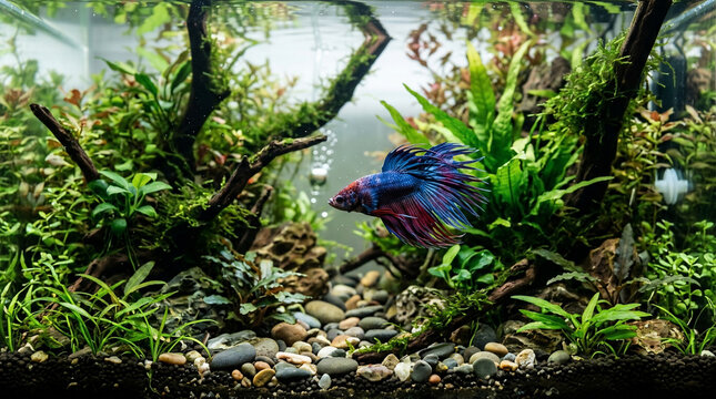 Blue Crowntail Betta Fish in Planted Aquascape Aquarium