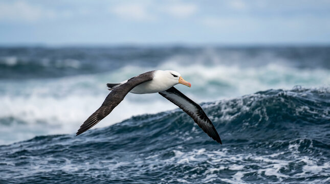 Black-browed Albatross Soaring Over Rough Ocean Waves