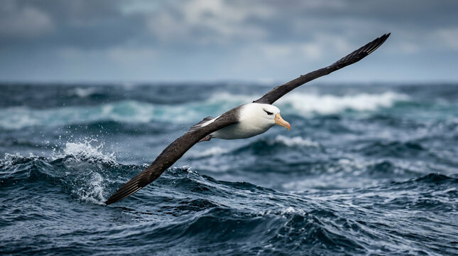 Black-browed albatross flying low over choppy ocean waves