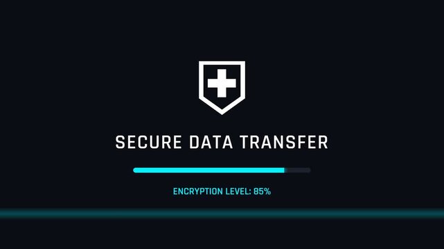 Secure data transfer animation, progress bar filling up with encryption level increasing, symbolizing data protection and cybersecurity, seamless loop.