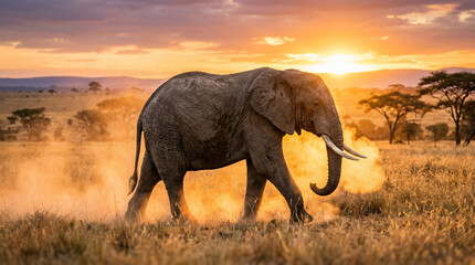 Fototapeta premium African Elephant Walking in Savanna Dust at Sunset