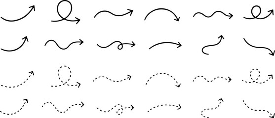 Fototapeta na wymiar Dashed curved arrow icon set. Directional pointers and flow symbols with dotted line paths, curved movement arrows, and arch design elements. Vector illustration.eps