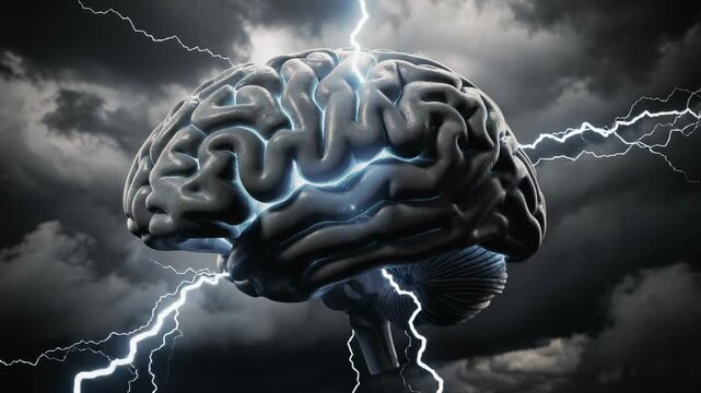 Glowing brain electrified by powerful lightning bolts pulsing with energy vibrant neural activity