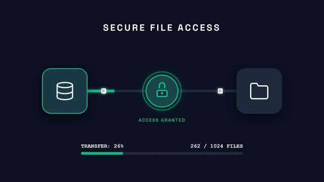 Secure file access, database to folder transfer with lock icon, digital tech, symbolizing data security, seamless loop