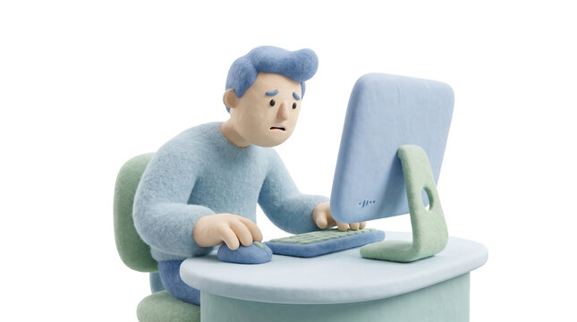 Worried Young Professional Anxious at Computer Monitor in 3D Felt Clay Style