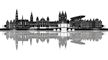 Obraz premium Amsterdam Skyline Silhouette Reflection Black and White Vector Art