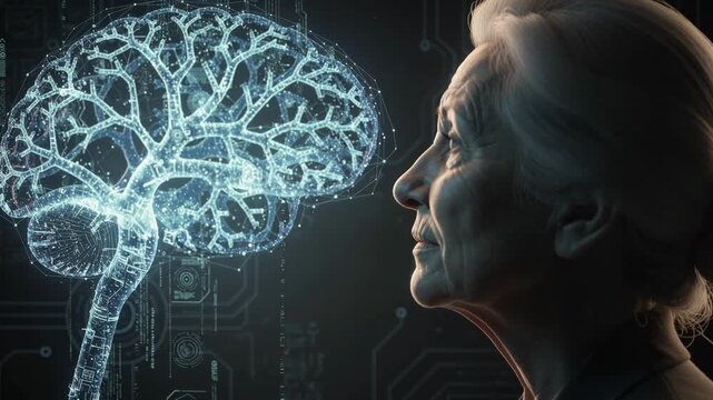Elderly woman reflecting on glowing digital brain symbolizing technology and aging mind