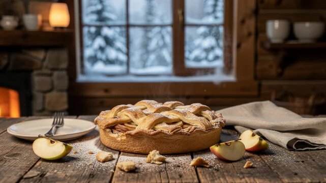Freshly baked apple pie with steam rising on rustic wooden table cozy homemade dessert