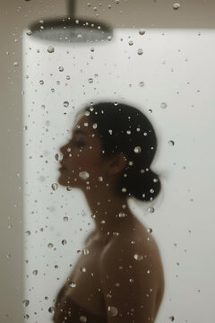 Intimate Female Silhouette Behind Wet Glass with Water Droplets, Self Care, Vulnerability and Wellness Concept