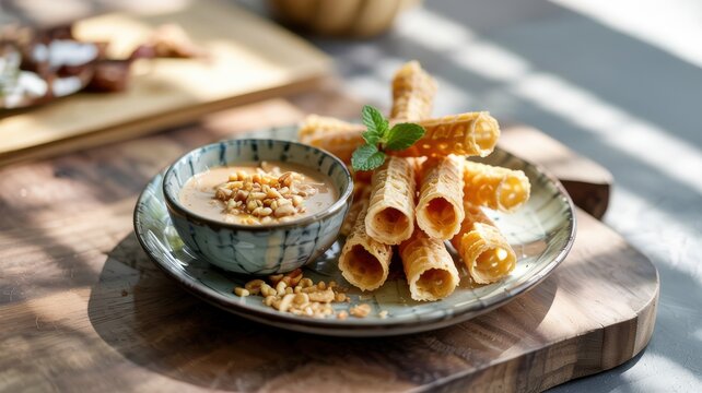 Indonesian cuisine. 
The traditional sweet delicacy of Indonesian cuisine is the crispy waffle tubes of Kue Semprong. Rich coconut milk and grated roasted peanuts add nutty notes to this dessert.