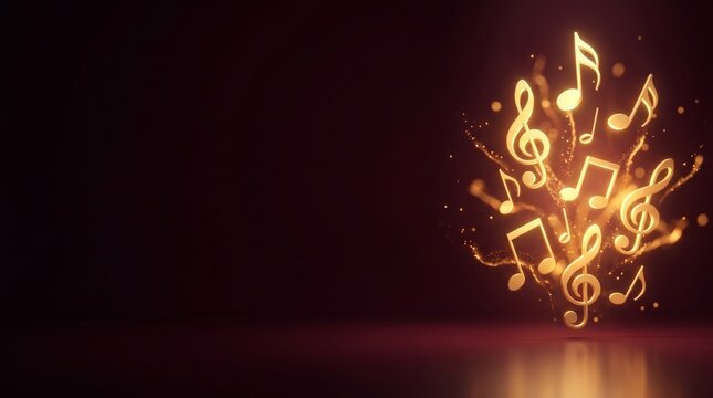 3D Glowing Gold Music Notes Dark Maroon Copy Space
