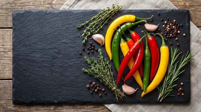 A vibrant assortment of fresh chili pepper colorfull varieties arranged artistically on a textured black slate background with herbs and garlic cloves.