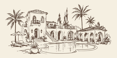 Mediterranean Villa With Pool Hand Drawn Vector Illustration © Victoria