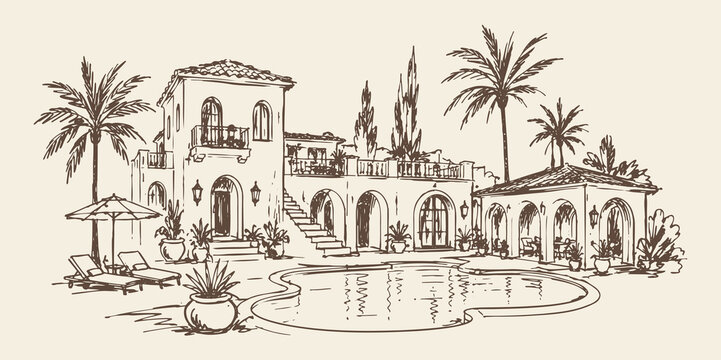 Mediterranean Villa With Pool Hand Drawn Vector Illustration