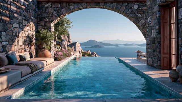 A swimming pool set within a stone archway overlooking the sea provides a luxurious backdrop for advertising luxury properties  spa resorts and Mediterranean holidays.