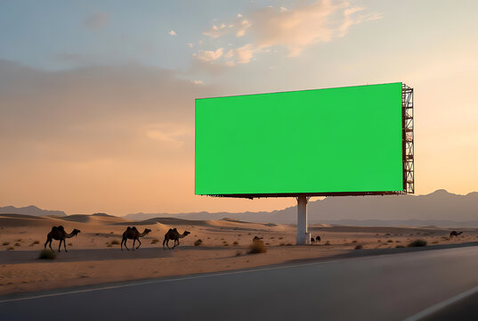 A large green billboard stands beside a desert road with camels walking in the distance at sunset