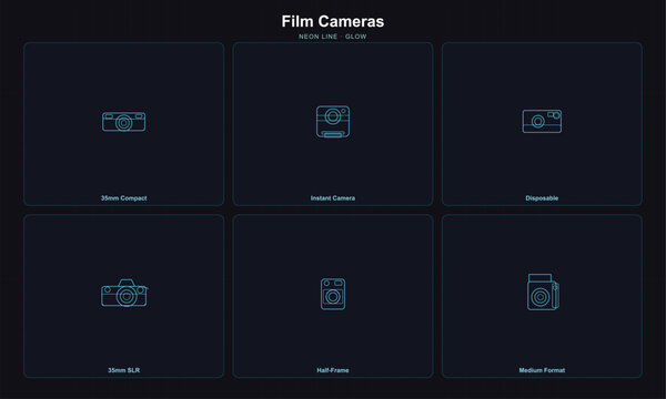 Neon film camera types on dark background for design inspiration